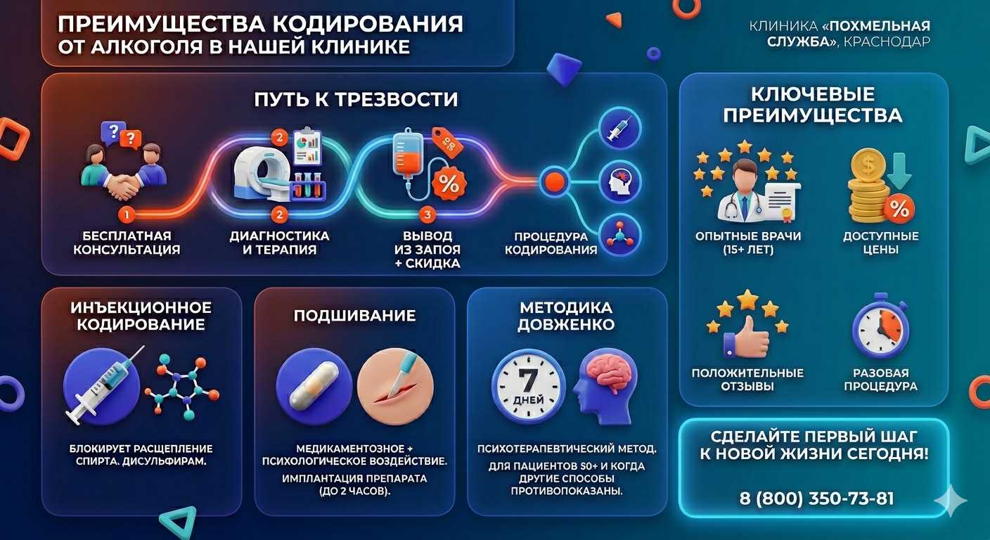 Инфографика о методах кодирования от алкоголя в Сестрорецке: инъекции, подшивание, метод Довженко. Преимущества клиники и этапы лечения.